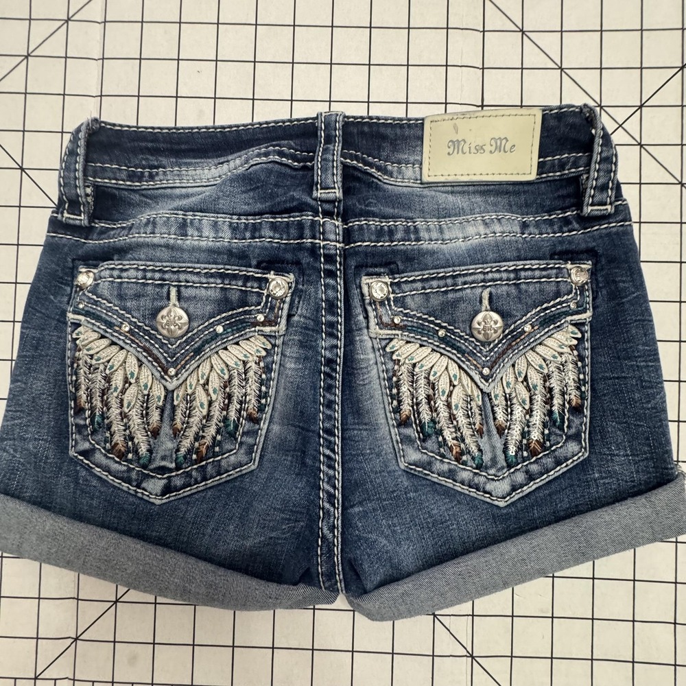 Miss Me Shorts Womens 24 Blue Denim Cuffed Hot Pants Embroidered Rhinestone